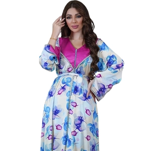 Floral ivory kaftan dress with blue-purple prints and beaded V-neckline embroidery