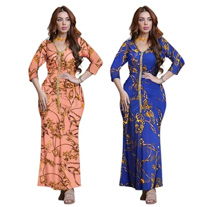 Women Elegant V-Neck Long Sleeve Maxi Dress Vintage Chain Print Rhinestone Trim Kaftan Abaya Evening Party Long Gown