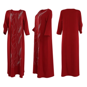 Detailed views of red long-sleeve loose abaya dress with silver rhinestone wave pattern