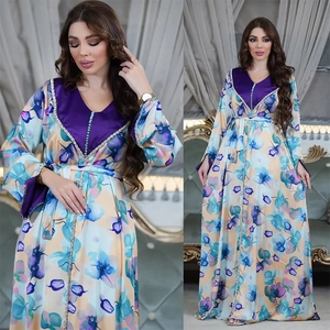 Floral satin Kaftan maxi dress with long sleeves and elegant V-neck beaded detailing