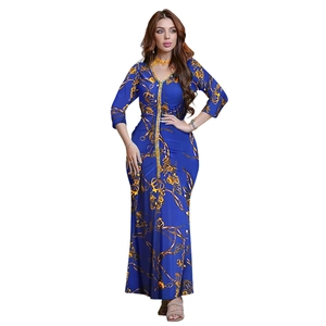Deep blue kaftan dress with golden chain floral print and slim fit fishtail silhouette