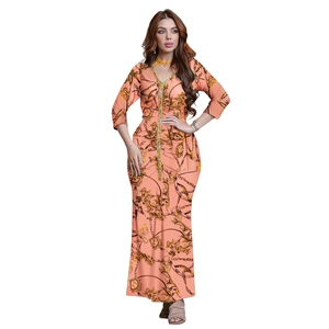 Slim fit pink maxi kaftan dress featuring gold chain prints and diamond-studded neckline
