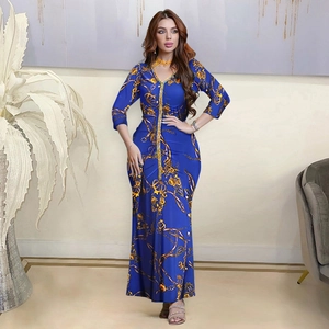 Elegant royal blue long sleeve kaftan dress with gold floral print and crystal V-neck