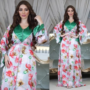 Floral print Kaftan dress with green satin panels and elegant silver braided trim detail