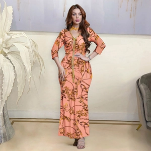 Peach orange Kaftan dress with golden diamond embroidery and chain print pattern
