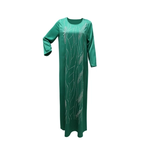 Elegant emerald green rhinestone long dress with flowing silhouette and modest design