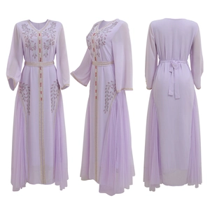Detailed views of a lavender kaftan dress with beaded embroidery and pleated mesh inserts