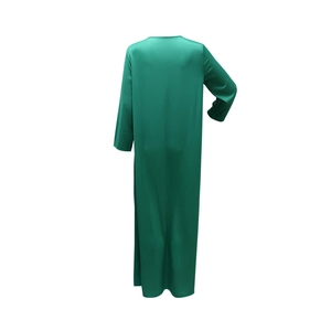 Deep green satin long sleeve abaya dress with loose fit and elegant drape back view