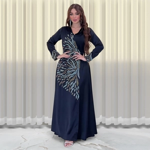 Abito Maxi da Donna Elegante in Raso con Strass Manica Lunga Scollo a V Abaya Caftano per Matrimonio Festa Serale Abito Formale di Lusso