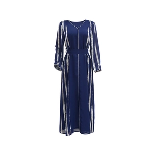 Detail of navy blue Abaya with silver sequin stripes and white trim on V-neckline