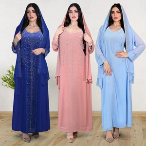 Ensemble Abaya Musulman Élégant Pour Femmes Polyester Mousseline Strass Kaftan Robe de Soirée Longue Avec Hijab Tenue de Fête Islamique