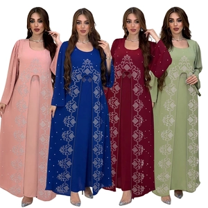 Robe Abaya Élégante En Mousseline Avec Strass Pour Femmes Musulmane Manches Longues Faux Deux Pièces Ethnique Maxi Robe Kaftan Soirée