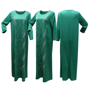 Women's dark green loose long sleeve abaya dress with rhinestone wave patterns