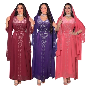 Elegantes Chiffon Abaya Kaftan Maxikleid Für Damen Strass Blumen Abendkleid Mit Passendem Hijab Partykleidung