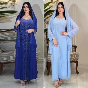 Ensemble Abaya élégant en mousseline bleu royal et ciel avec strass brillants