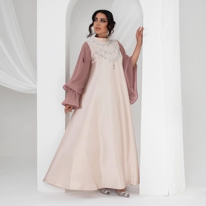Elegante Vestito Abaya in Raso da Donna a Blocchi di Colore Con Maniche a Campana e Strass Maxi Abito Musulmano Rosa Champagne