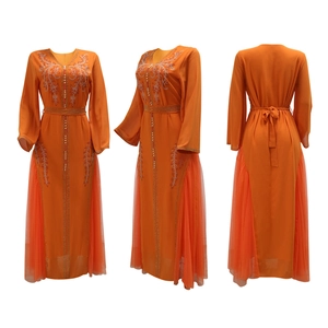 Detailed views of orange mesh kaftan dress with silver floral beadwork and embroidery