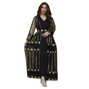 Eleganter schwarzer Abaya-Kaftan mit goldenen Blumenstickereien, Pailletten und V-Ausschnitt