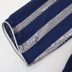 Detailed macro view of navy blue chiffon fabric with vertical silver sequins on the sleeve