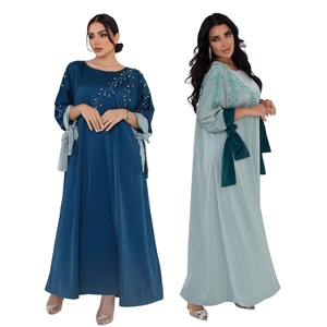 Femme Élégante Abaya en Satin Robe Longue Strass Thermocollants Poignets à Nœud Contrastés Caftan Musulman Robe Maxi