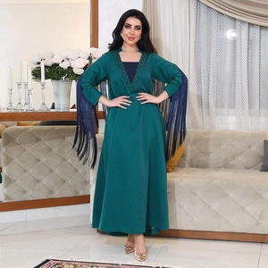 Women Elegant Ethnic Hot Diamond V-Neck Abaya Maxi Dress Long Sleeve Kaftan With Tassels And Belt Party Evening Gown Dark Green
