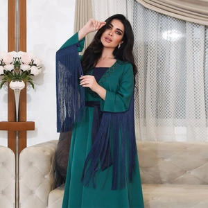 Elegant dark green Abaya dress with blue fringes and rhinestone embroidery details
