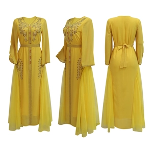 Three-view detail of yellow Kaftan dress with golden sequin embroidery and beaded belt