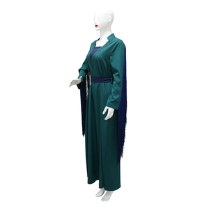Detail of emerald green maxi dress showing blue fringe sleeves and rhinestone neckline