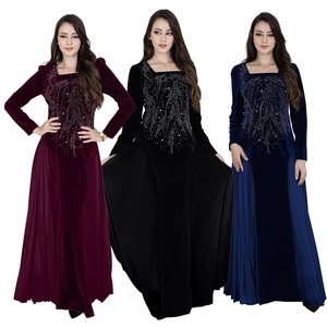 Elegant Velvet Chiffon Splicing Maxi Dress Rhinestone Square Neck Long Sleeve Muslim Jalabia Evening Party Gown For Women