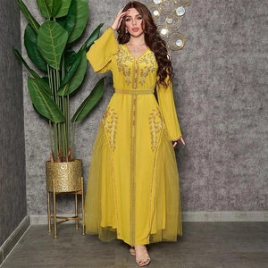 Elegant yellow Kaftan dress with leaf sequin embroidery and sheer mesh panels