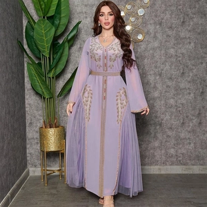Elegant lavender kaftan dress with gold floral embroidery and shimmering sequins mesh