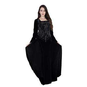 Detail of silver rhinestone and beadwork on a black chiffon Jalabia evening gown
