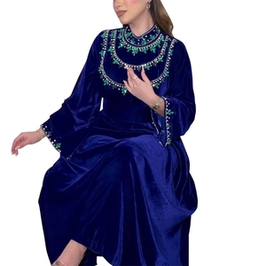 Elegant green velvet kaftan dress with exquisite emerald rhinestone embroidery detail