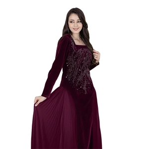 Elegant wine red velvet Jalabia evening gown with square neck and floral beadwork