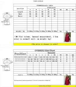 Detailed size chart for evening gown CY500252 with bust and length in inches and cm