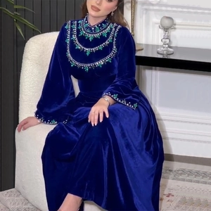 Elegant deep blue velvet long dress with green beaded rhinestones and front zipper