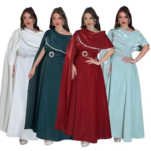 Women Elegant Satin Cape Evening Dress Slim Party Gown With Sequin Trim And Rhinestone Buckle Belt For Formal Banquet Wedding
