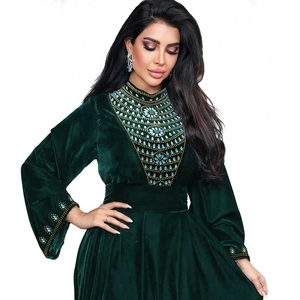 Detailed embroidery and sequins on dark green velvet long sleeve Jalabia dress