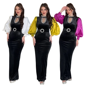 Elegant Velvet Contrast Satin Puff Sleeve Maxi Dress With Rhinestone Decor Hollow Neck Party Banquet Gown For Women