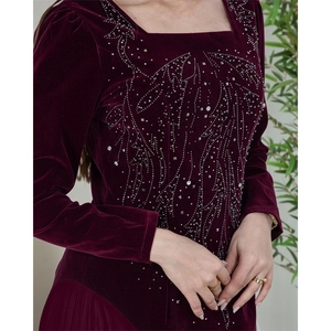 Elegant burgundy velvet Jalabia dress with square neck and rhinestone patterns