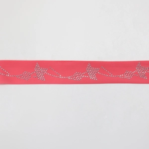 Detail eines rosa Stoffgürtels mit durchgehenden Blattmustern aus Silber-Strass