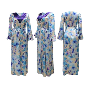 Detailed views of floral satin kaftan dress showing V-neckline and waist tie