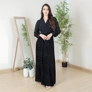 Eleganter schwarzer Samt-Ausbrenner Abaya mit Pailletten-V-Ausschnitt und Chiffonärmeln