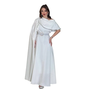 Elegant white one-shoulder evening gown with matching silver belt and cape sleeve