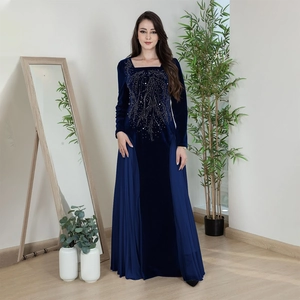 Elegant navy blue velvet Jalabia dress with sequin embroidery and pleated side panels