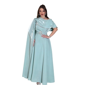 Detail of mint green satin evening gown featuring rhinestone collar and buckled waist belt