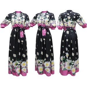 Three-way view of a floral A-line maxi dress with V-neckline and puff half sleeves