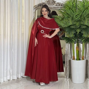 Elegant red satin long gown with cape sleeves and sparkling rhinestone waist belt
