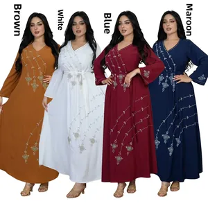 Detail showcasing V-neck long-sleeve embroidered dresses in brown, white, burgundy, and blue