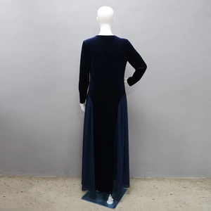 Detail view of navy blue velvet and chiffon patchwork long sleeve evening jalabia dress
